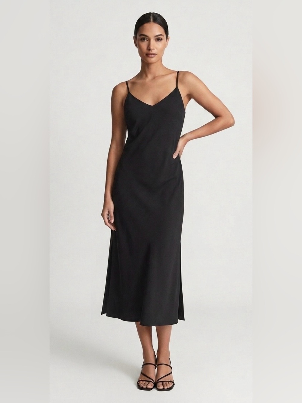The Drop Women's Ana Silky V-Neck Midi Slip Dress in Black, 44" Length w/ slits